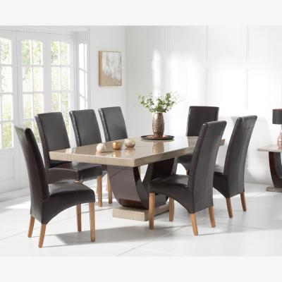 Oak&More Raphael 200cm Brown Pedestal Marble Dining Table With 8 Cream Cannes Chairs