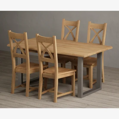 Oak&More Parker 160cm Solid Oak Dining Table with 4 Blue Natural Solid Oak Chairs