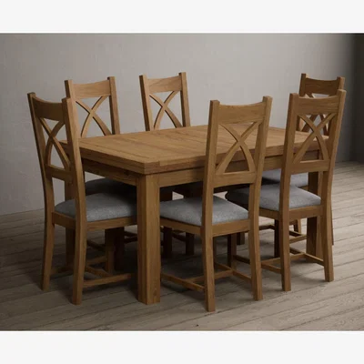 Oak&More Hampshire 140cm Solid Oak Extending Dining Table With 8 Light Grey Natural Solid Oak X Back Chairs