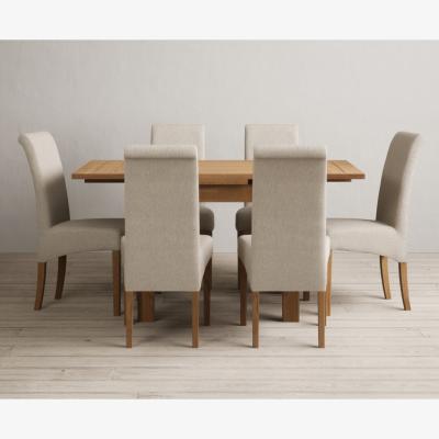 Oak&More Extending Buxton 90cm Solid Oak Dining Table with 6 Charcoal Grey Scroll Back Chairs