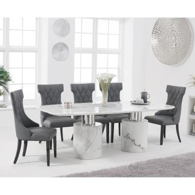 Oak&More Antonio 220cm White Marble Table with Freya Chairs - Black, 6 Chairs