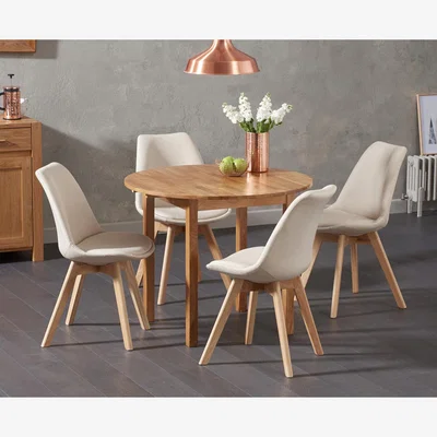 Oak&More Oxford 90cm Solid Oak Drop Leaf Extending Dining Table With 4 Dark Grey Duke Fabric Chairs