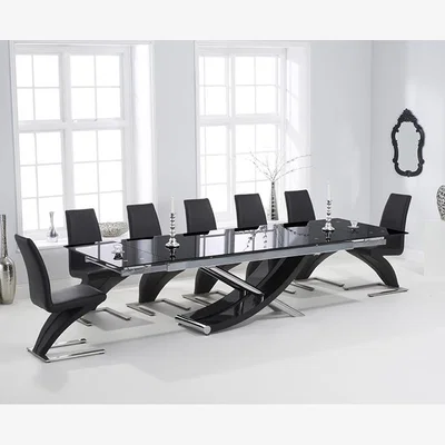 Oak&More Hilton 210cm Extending Black Glass Dining Table With 12 Grey Hampstead Z Chairs