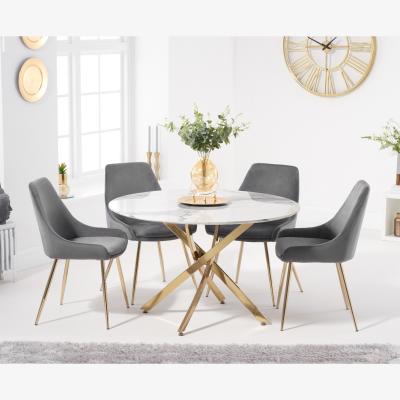 Oak&More Nixon 120cm Round White Marble Table with Fern Velvet Chairs - Blue, 4 Chairs