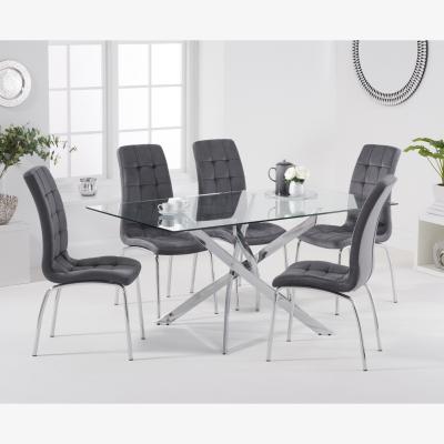 Oak&More Denver 160cm Rectangular Glass Dining Table With 6 Blue Calgary Velvet Chairs