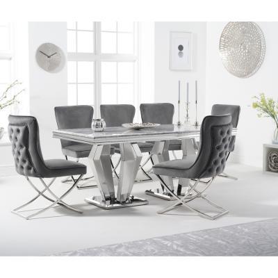 Oak&More Viscount 180cm Marble Dining Table with Giovanni Velvet Chairs - Blue, 6 Chairs
