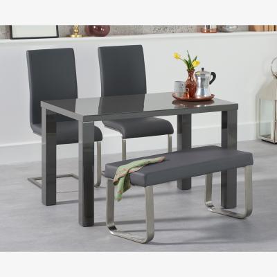 Oak&More Seattle 120cm Dark Grey High Gloss Dining Table with 2 Grey Austin Chairs with 1 Grey Bench