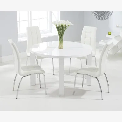 Oak&More Atlanta 120cm Round White High Gloss Dining Table with 4 White Enzo Chairs