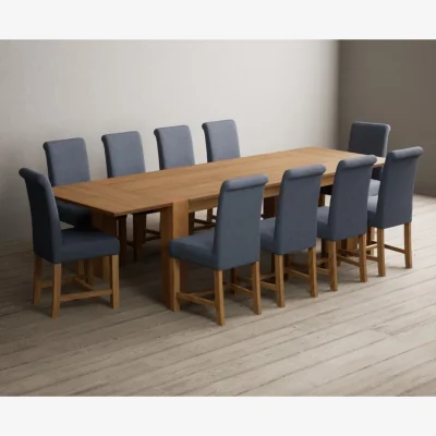 Oak&More Extending Sheringham 200cm Solid Oak Table with 10 Blue Braced Chairs