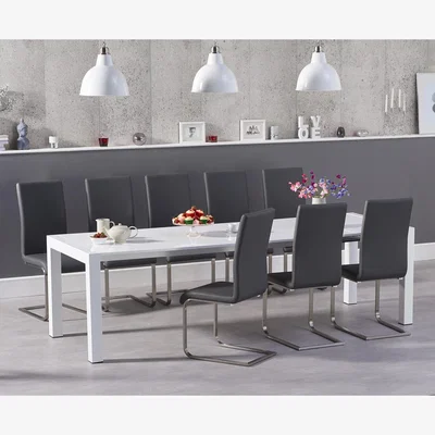 Oak&More Joseph Extending White High Gloss Dining Table With 10 Black Malaga Chairs