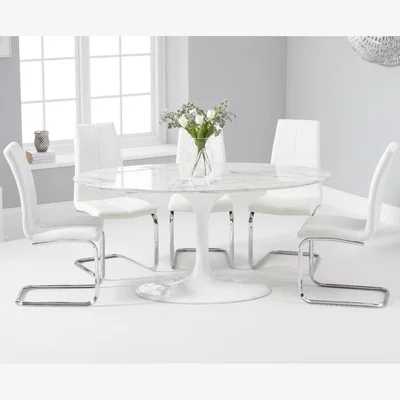 Oak&More Brighton 160cm Oval White Marble Dining Table With 8 Grey Tarin Dining Chairs