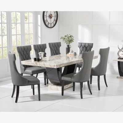 Oak&More Novara 200cm Cream and Black Pedestal Marble Dining Table with 8 Cream Sophia Chairs