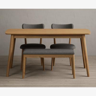 Oak&More Nordic 150cm Solid Oak Dining Table with 4 Grey Nordic Chairs and 2 Grey Nordic Benches