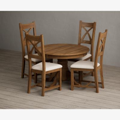 Oak&More Extending Hertford 100cm - 130cm Rustic Oak Pedestal Dining Table with 4 Rustic Oak Rustic Solid Oak Chairs