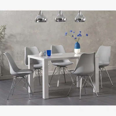 Oak&More Atlanta 120cm Light Grey High Gloss Dining Table With 6 Light Grey Celine Chrome Leg Chairs