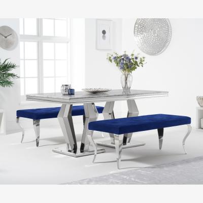 Oak&More Viscount 180cm Marble Dining Table with Blue Fitzrovia Velvet Benches