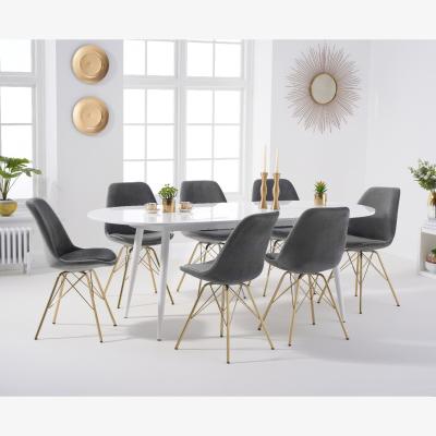 Oak&More Olivia Extending White High Gloss Dining Table With 6 Blue Celine Velvet Gold Leg Chairs