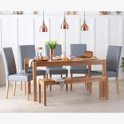 Oak&More Oxford 150cm Solid Oak Dining Table With 4 Black Albany Chairs and 2 Oak Oxford Benches