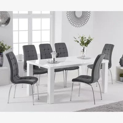 Oak&More Atlanta 160cm White High Gloss Table With 6 Grey Enzo Velvet Chairs