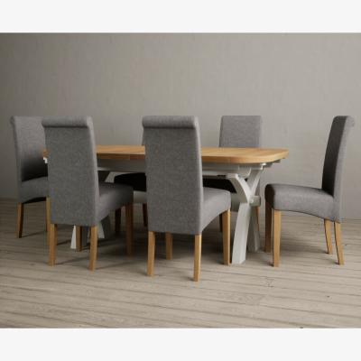 Oak&More Atlas 180cm Oak and Chalk White Extending Dining Table With 10 Grey Scroll Back Chairs