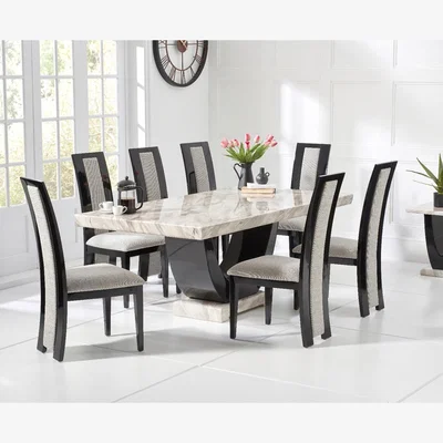 Oak&More Novara 200cm Cream and Black Pedestal Marble Dining Table With 10 Black Novara Chairs