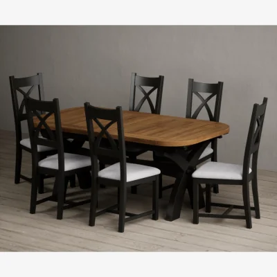 Oak&More Extending Olympia 180cm Oak and Black Painted Dining Table with 10 Brown Painted Chairs
