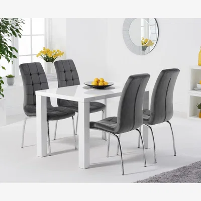 Oak&More Seattle 120cm White High Gloss Table with 6 Grey Enzo Velvet Chairs
