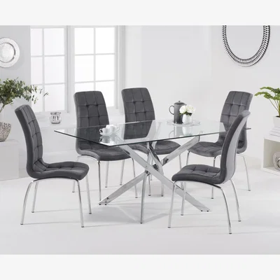 Oak&More Denver 160cm Rectangular Glass Dining Table With 8 Blue Calgary Velvet Chairs