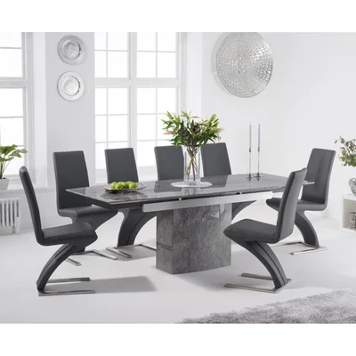 Oak&More Metropolis 160cm Extending Grey Marble Dining Table with Hampstead Faux Leather Chairs - Grey, 4 Chairs