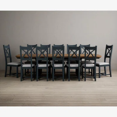 Oak&More Extending Olympia 180cm Oak and Dark Blue Painted Dining Table with 8 Rustic Oak Painted Chairs