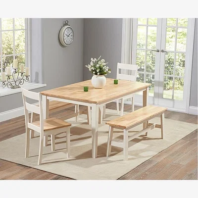Oak&More Ex-display Chiltern 150cm Oak and Cream Dining Set with ONE Bench and TWO Chairs