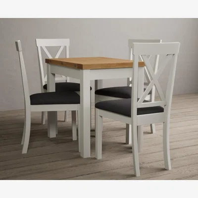 Oak&More Hadleigh Oak and Cream Painted Extending Dining Table with 2 Linen Hertford Chairs