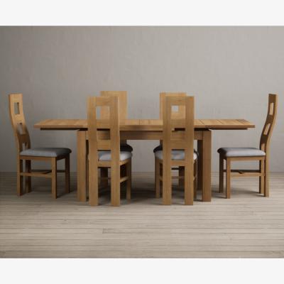 Oak&More Extending Buxton 140cm Solid Oak Dining Table with 6 Charcoal Grey Natural Chairs