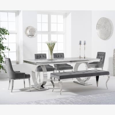 Oak&More Hepburn 180cm Marble Dining Table with Talia Velvet Chairs and Grey Fitzrovia Bench - Blue, 2 Chairs