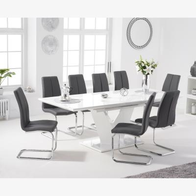 Oak&More Halo 160cm White High Gloss Extending Dining Table With 10 Grey Tarin Faux Leather Chairs