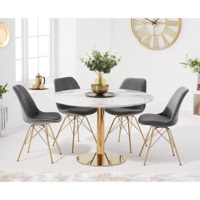 Oak&More Newton 120cm Round White Table with Celine Velvet Chairs - Grey, 4 Chairs