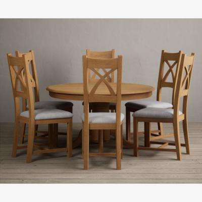 Oak&More Hertford 120cm Fixed Top Solid Oak Round Pedestal Table  With 6 Oak X Back Chairs