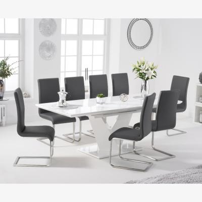 Oak&More Halo 160cm White High Gloss Extending Dining Table With 6 Grey Malaga Faux Leather Chairs