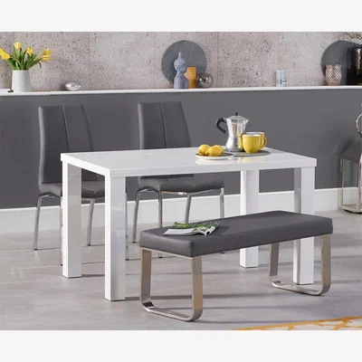 Oak&More Seattle 120cm White High Gloss Dining Table with 4 White Marco Chairs and 1 Austin Grey Bench