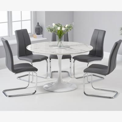 Oak&More Brighton 120cm Round White Marble Dining Table With 4 Grey Tarin Dining Chairs
