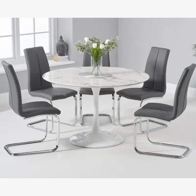Oak&More Brighton 120cm Round White Marble Dining Table With 4 Grey Tarin Dining Chairs