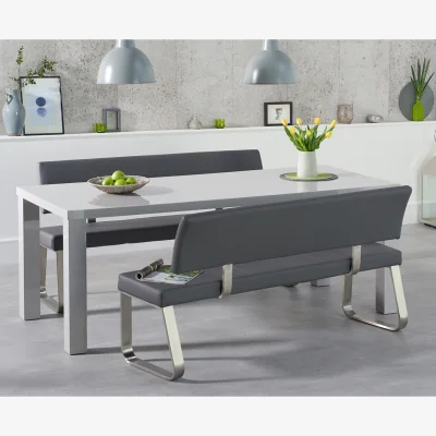 Oak&More Atlanta 200cm Light Grey High Gloss Dining Table with Austin Benches With Backs