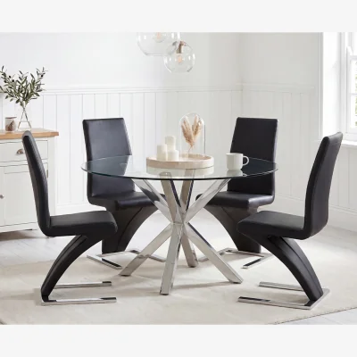 Oak&More Rodin Round Glass Dining Table with 4 Black Aldo Chairs