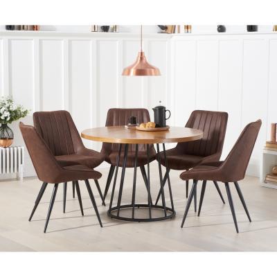 Oak&More Hoxton 110cm Industrial Dining Table Round with Marcel Antique Chairs - Brown, 4 Chairs