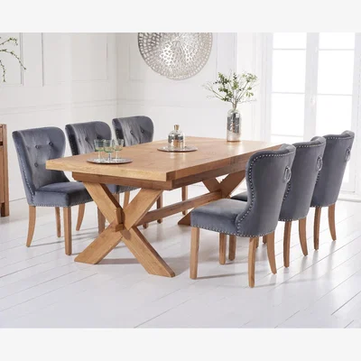 Oak&More Bordeaux 200cm Solid Oak Extending Dining Table With 8 Blue Knightsbridge Velvet Chairs
