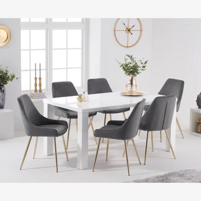Oak&More Atlanta 160cm White High Gloss Table With 8 Grey Fern Velvet Chairs