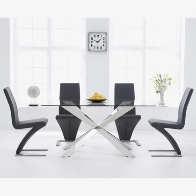 Oak&More Juniper 160cm Glass Dining Table With 4 Grey Hampstead Z Chairs