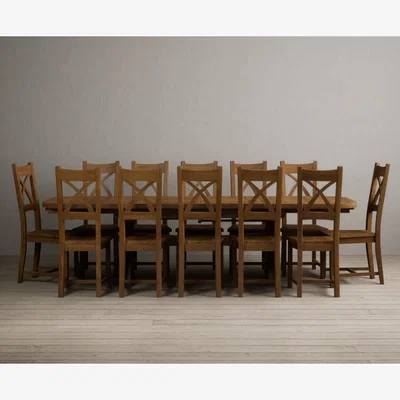 Oak&More Atlas 180cm Rustic Solid Oak Extending Dining Table With 12 Rustic Rustic Solid Oak X Back Chairs with Rustic Seats