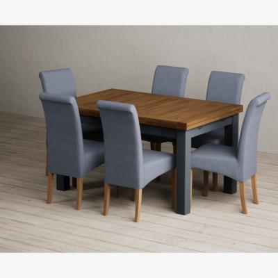 Oak&More Extending Buxton 140cm Oak and Dark Blue Painted Dining Table with 8 Grey Scroll Back Chairs
