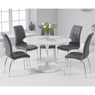 Oak&More Brighton 120cm Round White Marble Dining Table With Calgary Dining Chairs - Red, 2 Chairs